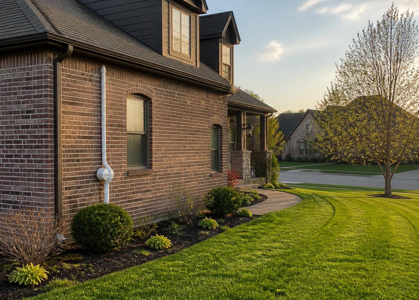 White radon vent pipe running discreetly up the side wall of a brick home near Lexington